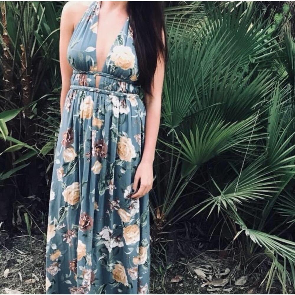 Illa Illa Women's Sea Green Floral Boho Halter Maxi Dress Size Small